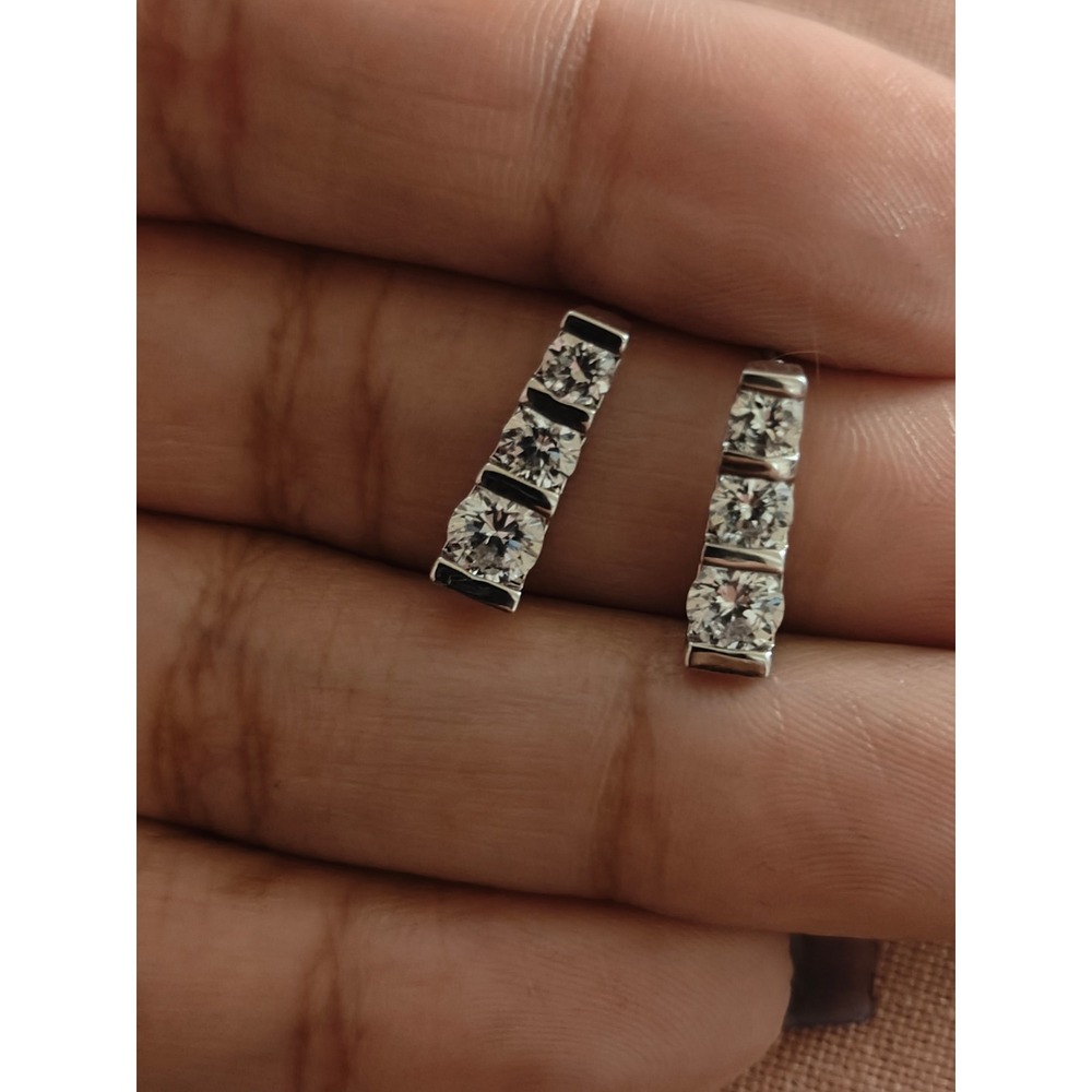 Silver Tone Graduated Triple Stone Bar Drop Stud Earrings Cubic Zirconia Linear